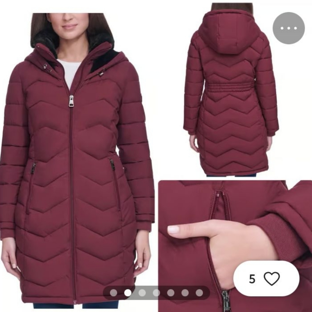 Andrew Marc Women's Long Stretch Parka Hooded Puffer Jacket Maroon Burgundy  XL
